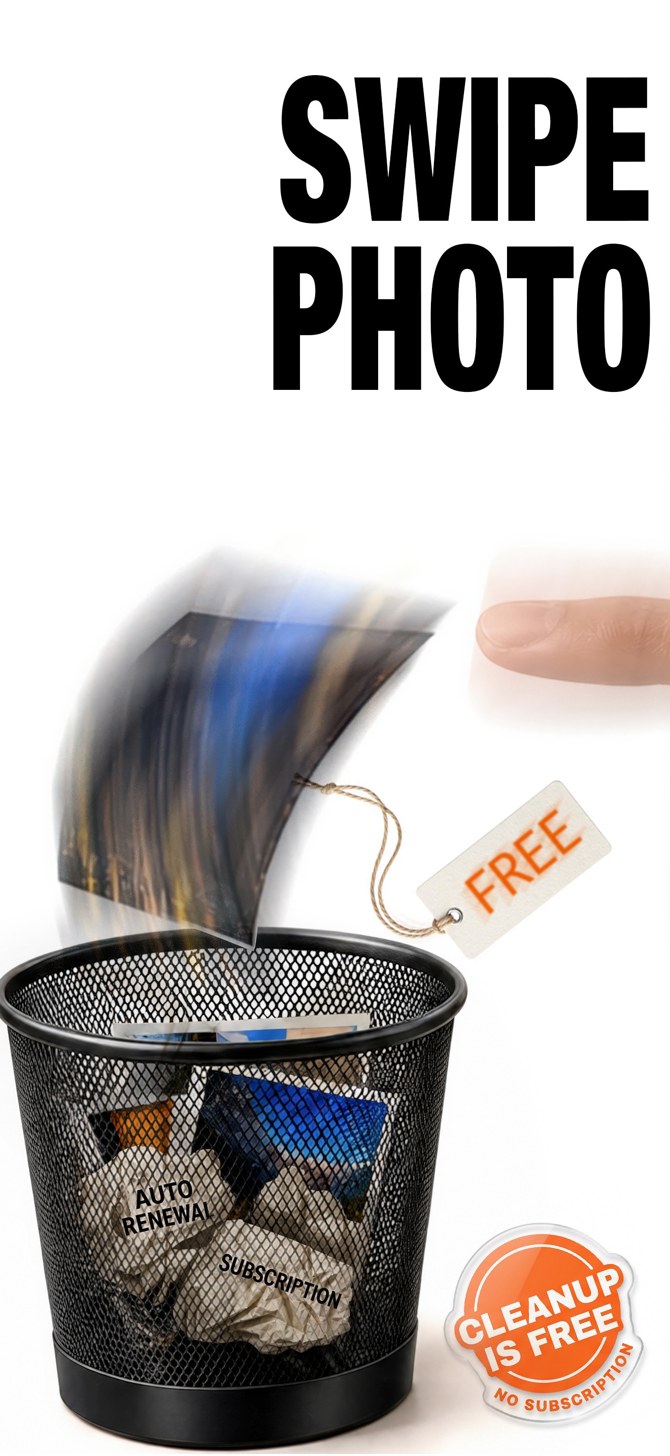 Swipe photo: unwanted photos drop into a trash basket