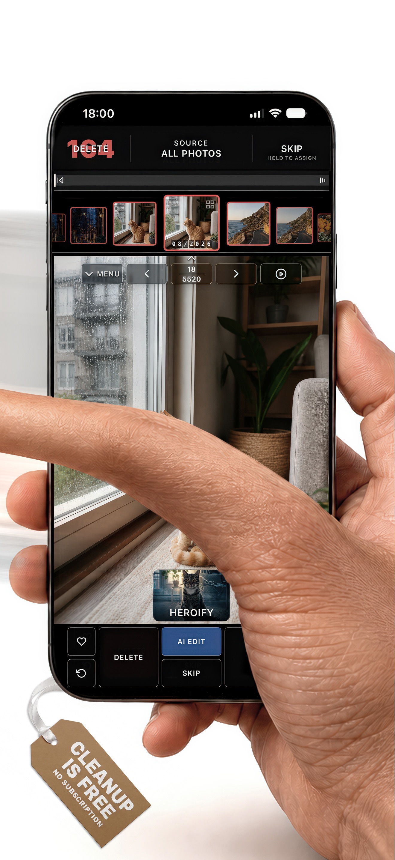 PhotoDub swipe cleanup on iPhone, with delete, keep, undo, and optional AI Edit controls